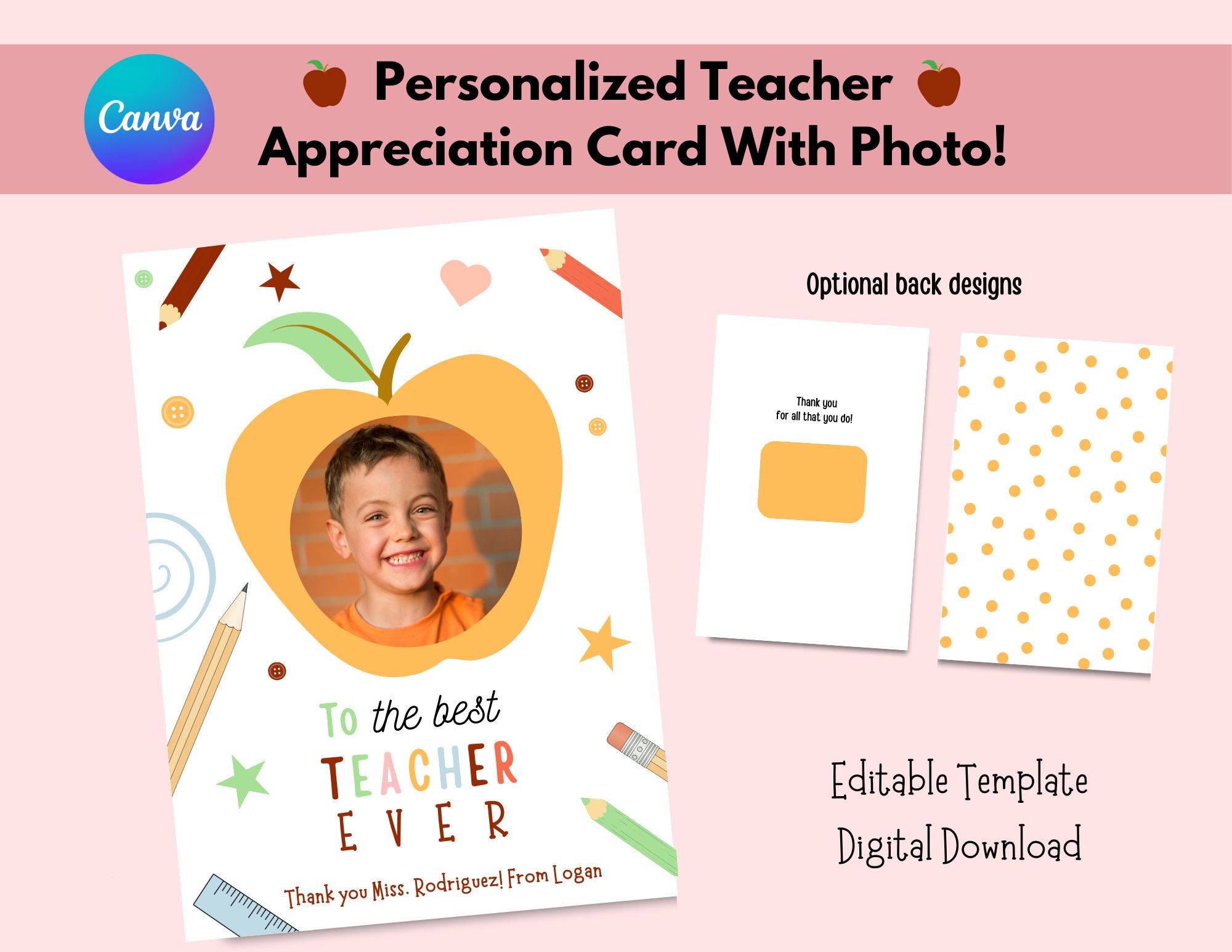 Teacher Appreciation Card With Child Photo, Editable Template, Photo ...