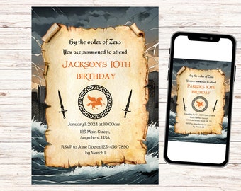 Percy Jackson Birthday Invitation, Template, Printable, Camp Halfblood Party, PJ Olympians, Greek Gods, Mythology