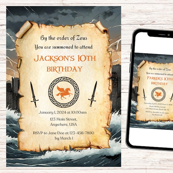 Percy Jackson Birthday Invitation, Template, Printable, Camp Halfblood Party, PJ Olympians, Greek Gods, Mythology