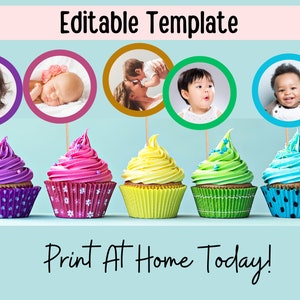 Custom Face Cupcake Toppers, Template, Editable, Cupcake Toppers With Face, Photo Cupcake Toppers, First Birthday, Kids Birthday