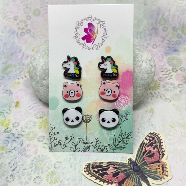 Panda, Pig, Unicorn Earrings Pack | Stainless Steel Posts, Plastic Posts, Invisible Clip-on | Nickel/Lead-Free | Handmade in USA - SWEETBIIE