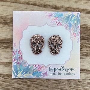 Skull Metal-Free Earrings for Sensitive Ears | Choices: Plastic Posts, Invisible Clips, Stainless Steel Posts, Handmade in USA - SWEETBIIE