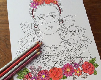 Coloring Pages for Adults, Adult Colouring Book, Frida Kahlo, instant download printable art, hand drawn, floral crown, mexican, folk art