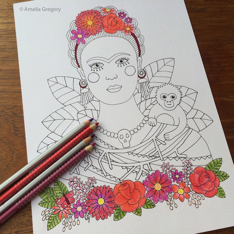 Coloring Pages for Adults, Adult Colouring Book, Frida Kahlo, instant download printable art, hand drawn, floral crown, mexican, folk art image 1