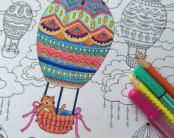 Coloring Pages for Adults, Adult Colouring Book, Cats in Balloons, instant download printable art, hand drawn, whimsical, animal gift, cute