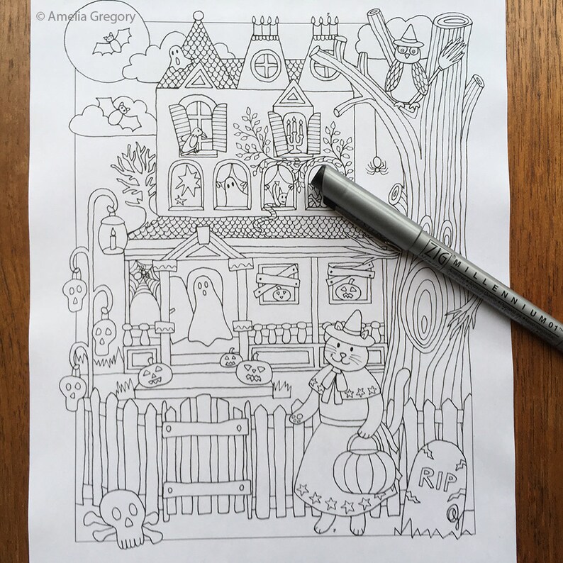 Halloween Coloring Pages, Halloween Coloring Sheet, Halloween Printable, Haunted House, Haunted Mansion, Cute Halloween, Trick or Treat image 2