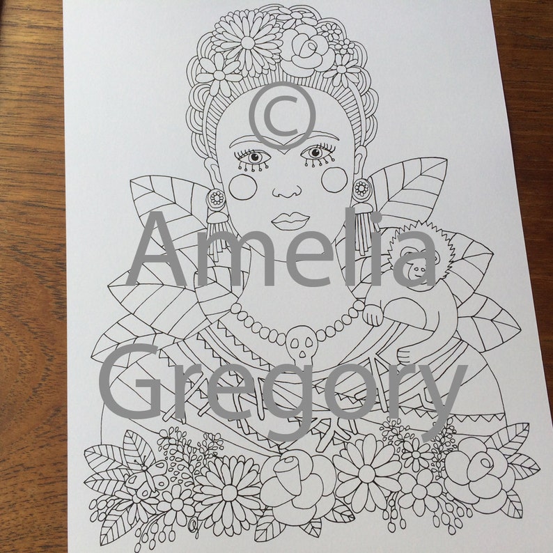 Coloring Pages for Adults, Adult Colouring Book, Frida Kahlo, instant download printable art, hand drawn, floral crown, mexican, folk art image 2