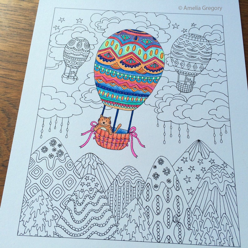 Coloring Pages for Adults, Adult Colouring Book, Cats in Balloons, instant download printable art, hand drawn, whimsical, animal gift, cute image 3