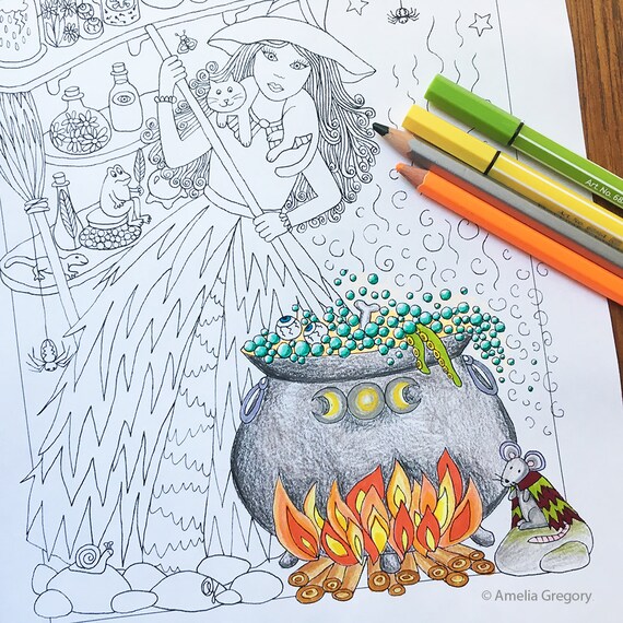 Downloadable Coloring Page Witch and Cats Halloween Fun Coloring Books  Adults/digital/digi/stamps/cat 