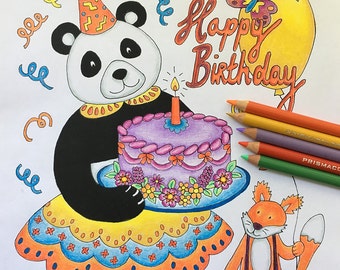 Birthday Card, Coloring Pages for Adults, Adult Colouring Book, Panda Print, Panda Gifts, Panda Clipart, Fox Print, Digital Download, Print