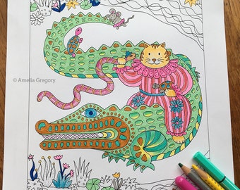 Coloring Pages for Adults, Adult Colouring Book, Cat Coloring Pages, Crocodile, Whimsical Art, Cat Art, Printable Wall Art, Cat Art Print