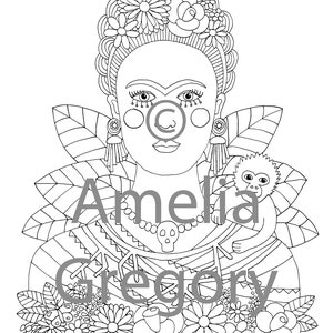 Coloring Pages for Adults, Adult Colouring Book, Frida Kahlo, instant download printable art, hand drawn, floral crown, mexican, folk art image 3