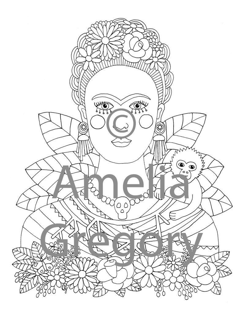 Coloring Pages for Adults, Adult Colouring Book, Frida Kahlo, instant download printable art, hand drawn, floral crown, mexican, folk art image 3