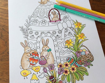 Easter Decorations, Easter Colouring, Easter Bunny, Easter Eggs, Easter Gift, Easter Chick, Coloring Pages, Whimsical Art, Cute, Bunny House