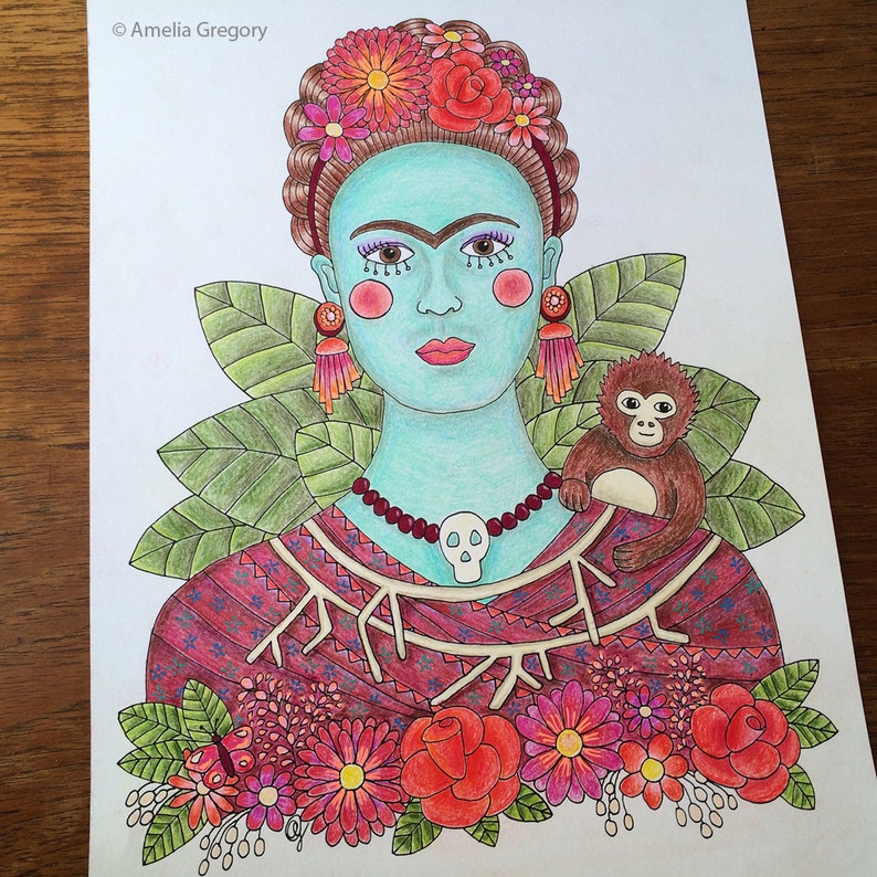 Coloring Pages for Adults, Adult Colouring Book, Frida Kahlo, instant download printable art, hand drawn, floral crown, mexican, folk art image 5