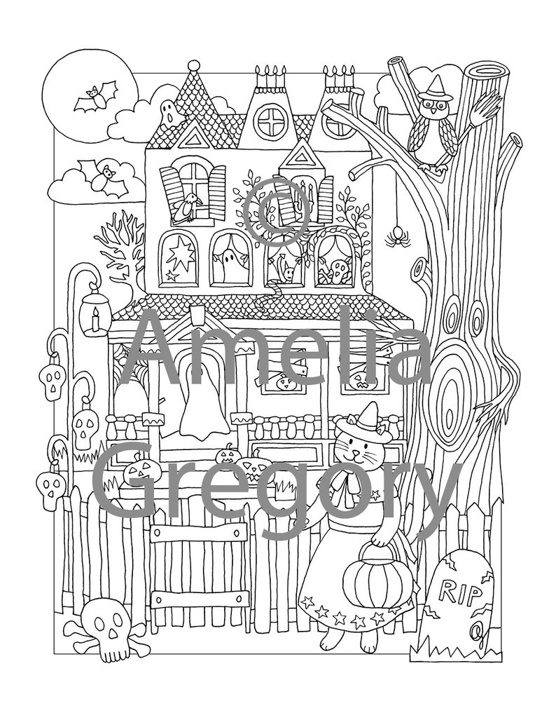 Halloween Coloring Pages, Halloween Coloring Sheet, Halloween Printable, Haunted House, Haunted Mansion, Cute Halloween, Trick or Treat image 4