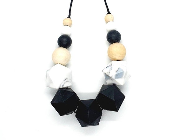 Black White Silicone Wood Bead Necklace