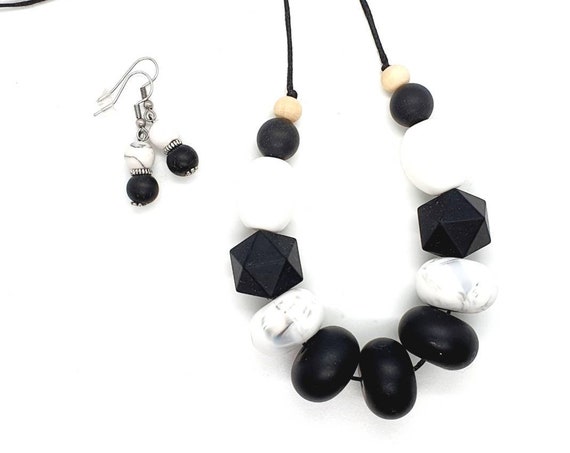 Black and White Silicone Necklace / Necklace and Earrings/ Gift Set Her