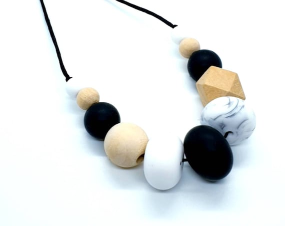Black White Silicone Wood Bead Necklace