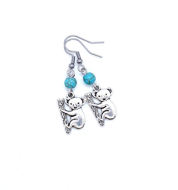 Silver Koala Drop Earrings with Turquoise Bead