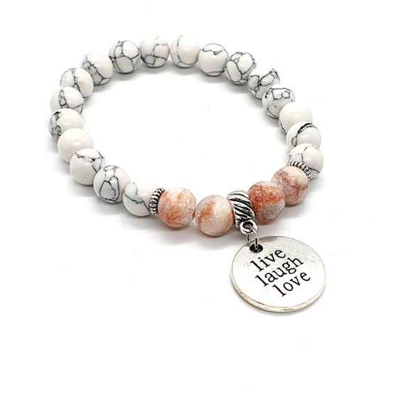 White Howlite and Red Jasper Stone Bracelet / Word Charm Bracelet