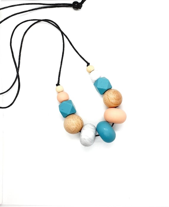 Silicone Wood Bead Necklace / Peach Blue Marble / Long Bead Necklace