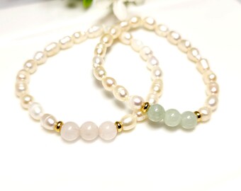 Freshwater Pearl & Quartz Beaded Bracelet, Rose Quartz, Blue Quartz