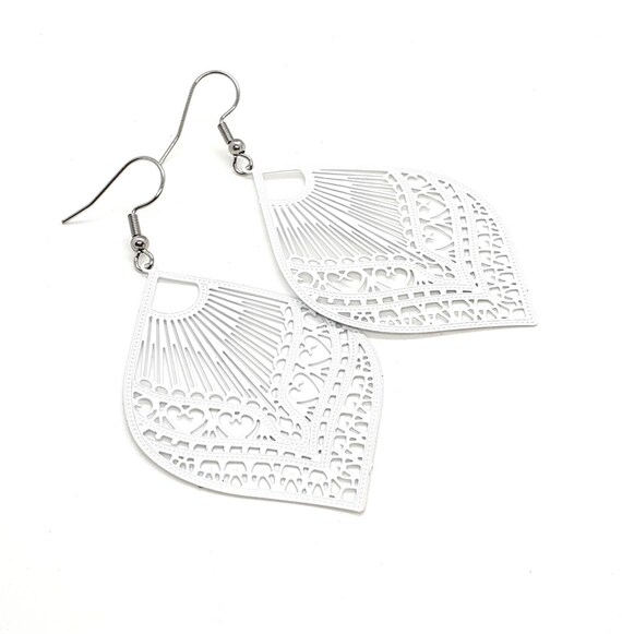 Large White Filigree Leaf Earrings