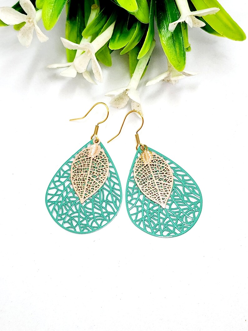 Green and Gold Teardrop Filigree Earrings, Big Earrings image 2