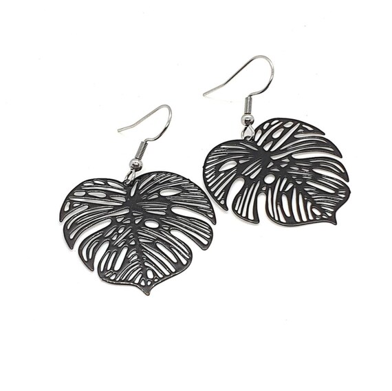 Black Monstera Leaf Earrings / Black Earrings