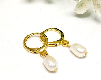 Pearl Earrings, 18K Gold Plated Freshwater Pearl Sleeper Hoop Earrings