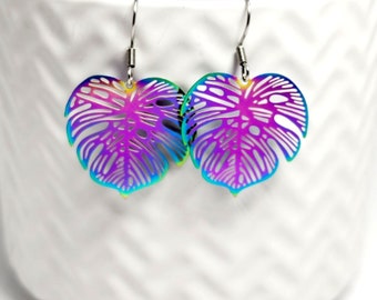 Monstera Leaf Rainbow Filigree Earrings, Leaf Earrings, Stainless Steel