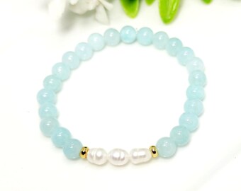 Blue Quartz Freshwater Pearl Small Bead Bracelet, Minimalist Bracelet, Quartz Bracelet