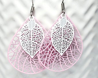 Pink and White Teardrop Filigree Earrings, Big Earrings