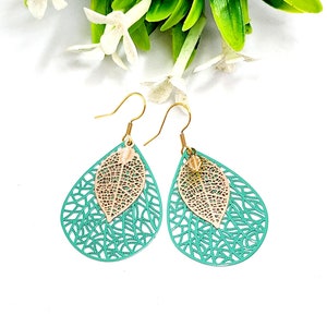 Green and Gold Teardrop Filigree Earrings, Big Earrings image 3