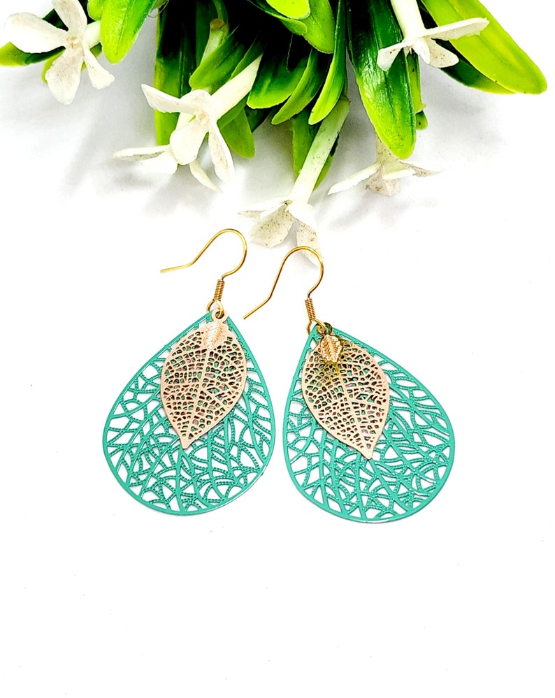 Green and Gold Teardrop Filigree Earrings, Big Earrings image 3