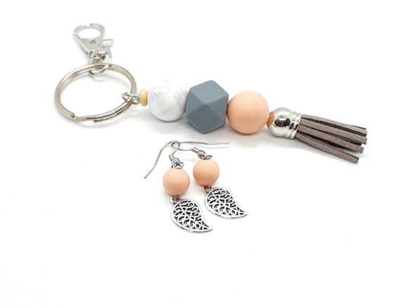 Tassel Keyring and Leaf Earrings / Boho Earrings / Silicone Key ring