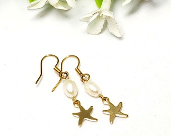 Freshwater Pearl Gold Starfish Earrings/ Pearl Dangle Earrings/ Gold Earrings