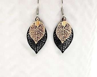 Black Filigree Earrings, Black Gold Teardrop Filigree Earrings / Dangle Earrings