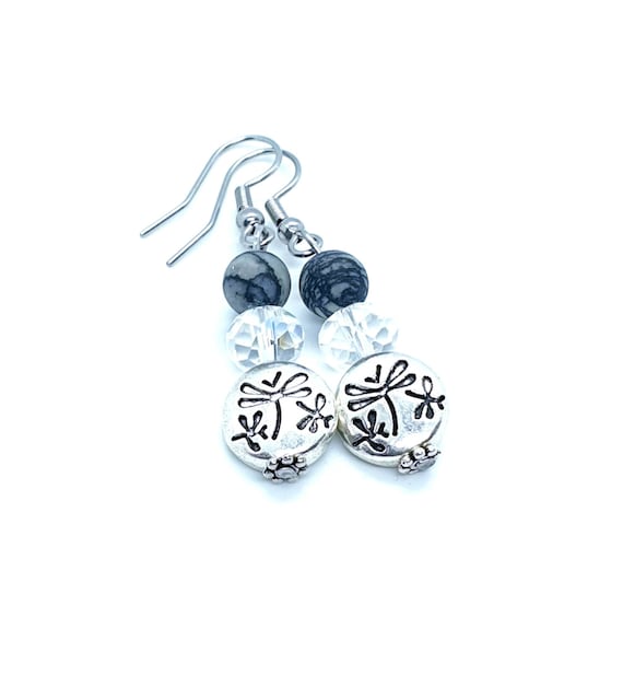 Dragonfly Earrings / Silver Dragonfly / Black Earrings