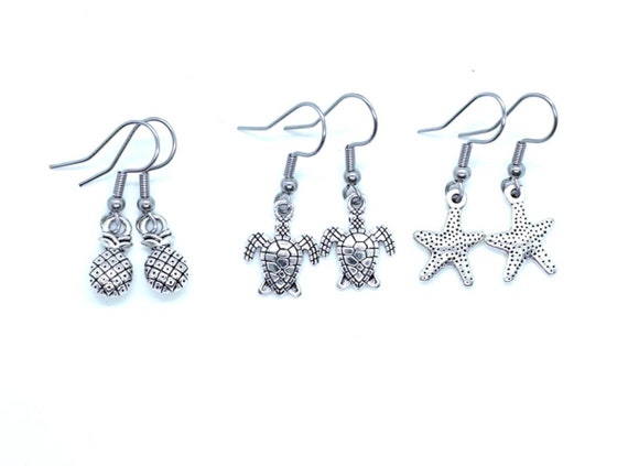 Small Silver Earrings / Turtle Earrings / Starfish Earrings / Pineapple Earrings