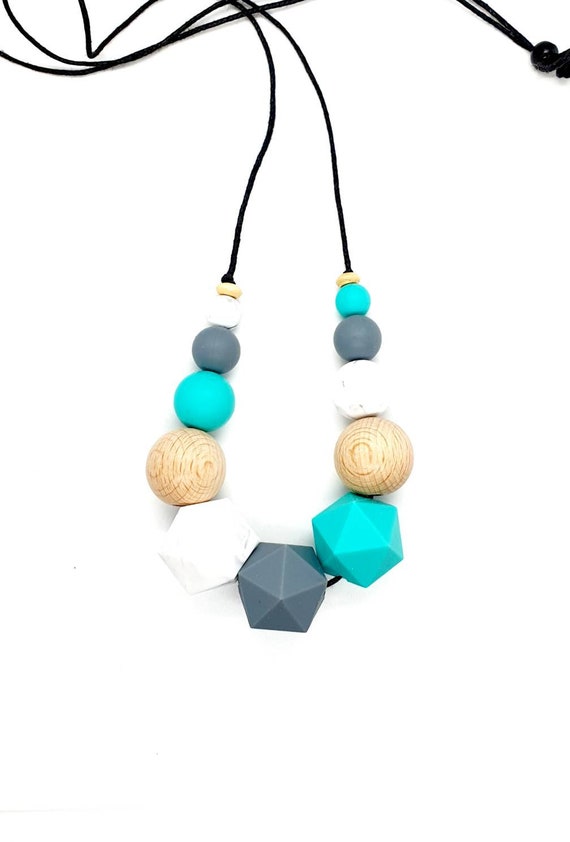 Turquoise Grey Marble Silicone Wood Bead Necklace