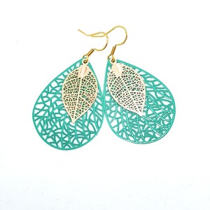 Green and Gold Teardrop Filigree Earrings, Big Earrings image 5