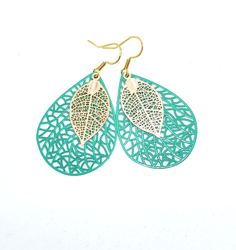 Green and Gold Teardrop Filigree Earrings, Big Earrings image 5