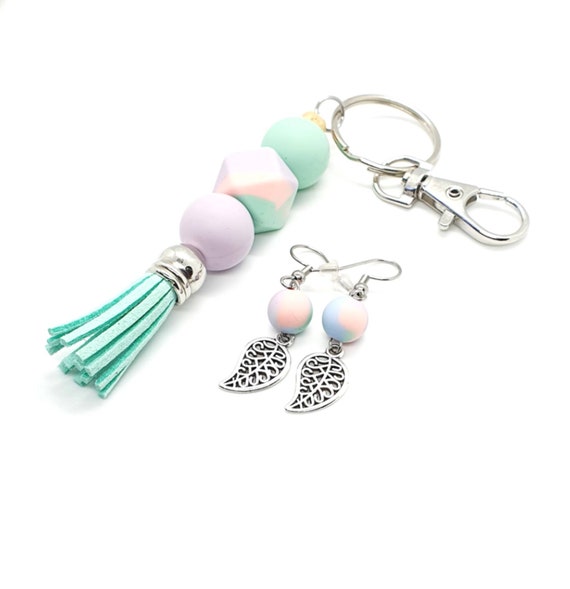 Tassel Keyring and Leaf Earrings / Boho Earrings / Silicone Key ring