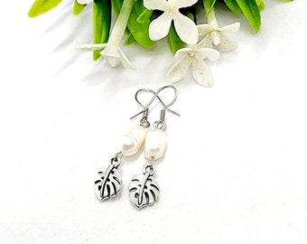 Freshwater Pearl Monstera Leaf Earrings, Leaf Dangle Earrings