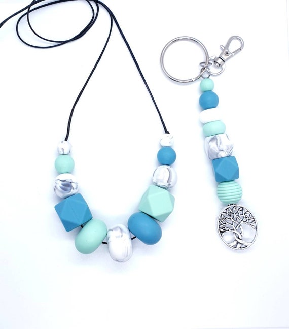 Blue Green Silicone Necklace and Key Ring / Gift Set Her / New Mum Gift