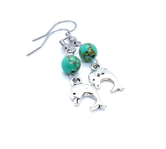 Dolphin Earrings / Animal Jewelry / Green Earrings