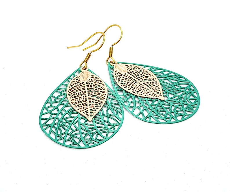 Green and Gold Teardrop Filigree Earrings, Big Earrings image 4