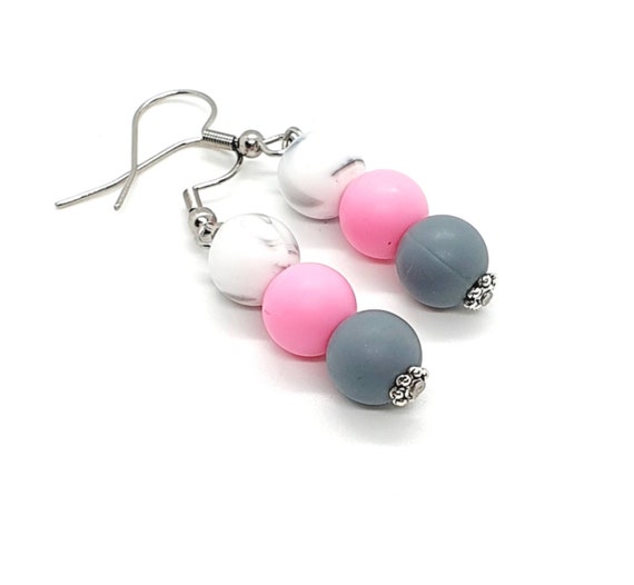 Pink Grey Marble Silicone Bead Earrings / Drop Bead Earrings